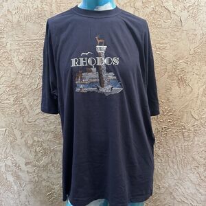 Vintage Rhodes Greece Tag Tourist T-Shirt XXL Navy Blue Embroidered Lighthouse